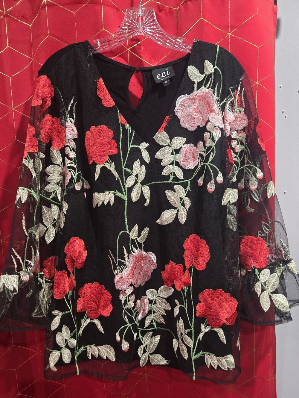 ECI Black Sheer Mesh V neck Blouse with Red & Pink Floral Embroidery. Size Xl